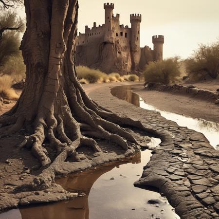 barnum-sepia cinematic photo fantasy valley, river (abandoned castle wooden treebark:1.2),  broken glass,( dim light in the window:1.2), old tree with massive roots,   lush landscape, desert road with cracked asphalt texture, weathered, dark,  wet, water puddles, cracks, simple background
 <lora:asphalt-SDXL-m:0.7> <lora:treebark-SDXL-s-exp:0.7> , evening . 35mm photograph, film, bokeh, professional, 4k, highly detailed