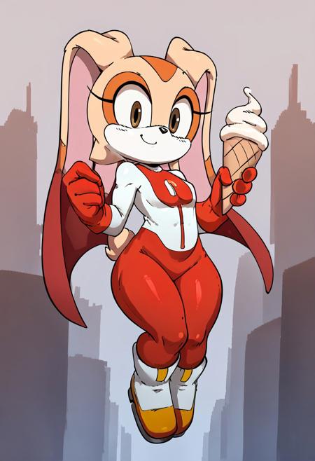 score_9, score_8_up, score_7_up     , masterpiece, non human, no humans, toned body, solo,1 girl, small breast, wide hips, 
Cream the rabbit, 1girl, solo, anthro, furry, female, furry female,animal nose,
, beautiful,Full body,Omnimman,skintight suit, red O shaped chest emblem,red gloves, red colored suit's lower part, red cape, white boots, petite body, , flying,neiborhood background, city background, holding ice cream, smile,
