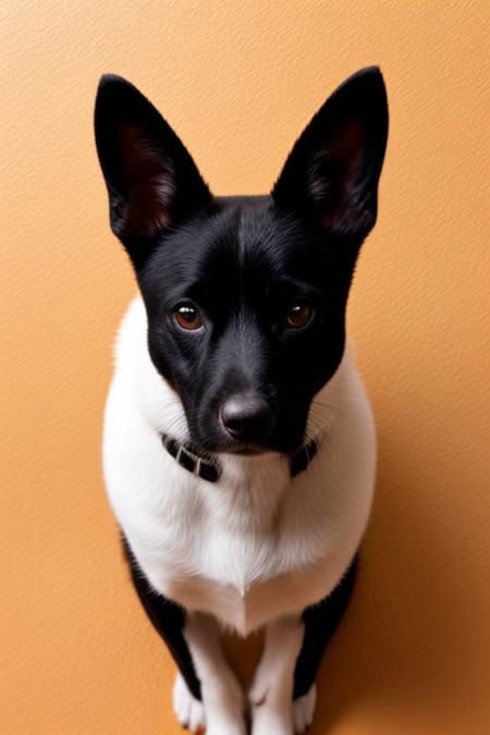 A close-up minimalist illustration of a black dog with striking yellow-orange eyes peeking from behind an orange wall. The artwork features smooth, clean lines and a subtle texture, emphasizing the cat's playful expression. The creamy beige background complements the orange accent, creating a harmonious and modern aesthetic.