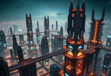 In a sprawling, far-future sci-fi metropolis, an expansive, multi-tiered cityscape extends across the horizon. Massive, modular structures complex of futuristic architecture are crafted with gleaming alloys, glass, and synthetic materials, each tower adorned with intricate light patterns and holographic displays that pulse rhythmically against the night sky. At various levels, networks of suspended pathways, elevators, and multi-level bridges connect buildings, creating a lattice of pedestrian and vehicle routes in three dimensions.