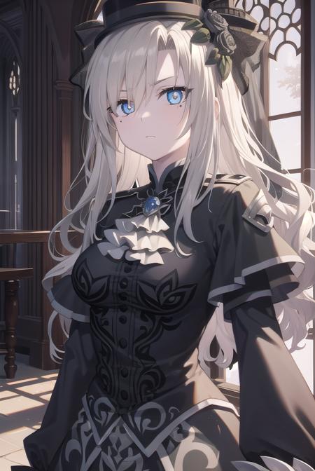 kriemhild, blue eyes, long hair, mole, mole under eye, pale skin, white hair, wavy hair, ascot, black capelet, black dress, black flower, black gloves, black headwear, black rose, capelet, dress, flower, gloves, hat, long sleeves, rose, veil,