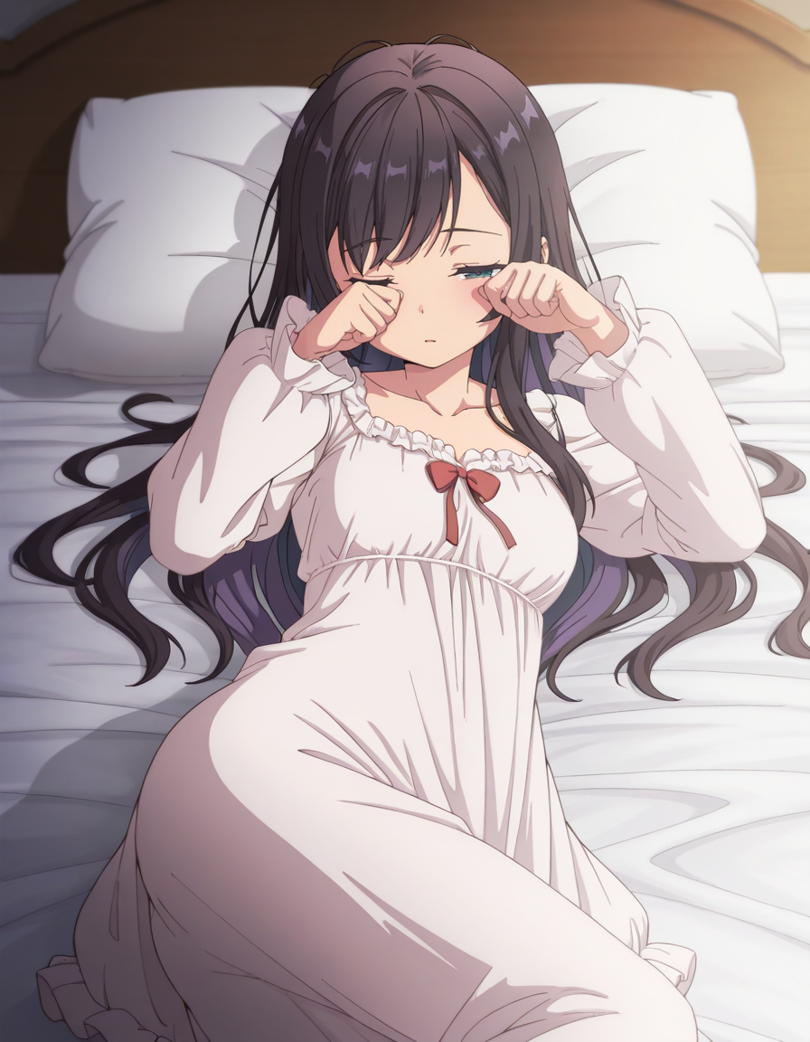 A woman with long, dark purple hair and green eyes lying in bed. She is rubbing her eyes, and she appears to be waking from her sleep. She is wearing a white, long-sleeved ruffled nightgown with a red ribbon tied in a bow at the neckline., adding a touch of color to her outfit. 