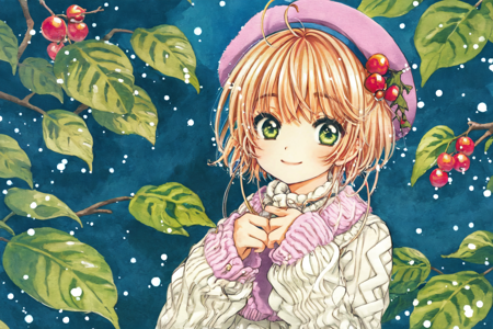 best quality, masterpiece, extremely detailed, detailed background, 1girl, solo, green eyes, kinomoto sakura, hat, pink headwear, long sleeves, looking at viewer, smile, short hair, traditional media, white sweater, cherry, fruit, bangs, closed mouth, sweater, leaf, upper body, beret, food, sleeves past wrists, head tilt, brown hair, frills, antenna hair, frilled sleeves, marker (medium), berry, scenery, close up, solo focus, frills, skirt,