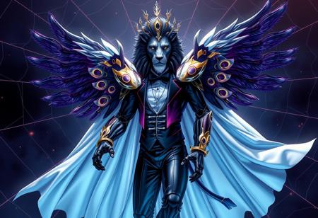Create a cinematic, hyper-realistic image of a black lion with peacock wings, merged with a hyper robot, wearing a full-body white and purple cloak and a tuxedo, with a Spider Web background, inspired by the styles of Jeff Miracola and Nathan Walsh. The image should feature the character in a dramatic pose, with absolute chad and top-secret space plane elements incorporated. Ensure correct proportions and facial features, drawing inspiration from Symphogear and Icarus by Invincible. Use a blue and gold color scheme and include dark space embers in the background.