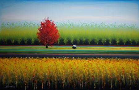 (style of Josh Adamski:1.2), scenery,scene painting,a painting, arboretum ,field ,parcel , Marsh ,