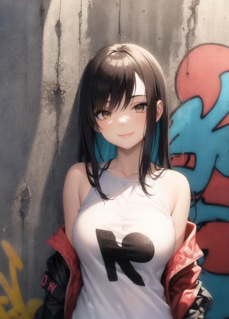 masterpiece,best quality,1girl,upper body,breasts,smile,street art style, vibrant and bold colors, girl behind a wall with graffiti, urban and artistic atmosphere, textured and layered graffiti on the wall, expressive and impactful artwork, girl wearing casual and edgy clothing