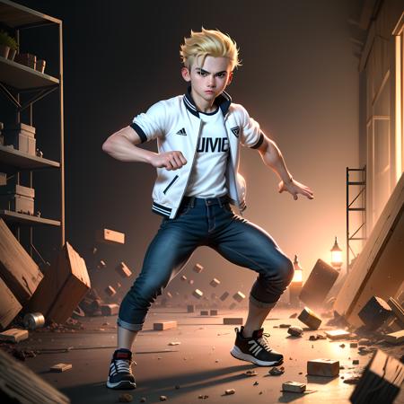 ((masterpiece, best quality)),(complex lighting),solo, looking at viewer, blonde hair, shirt, 1boy, jewelry, standing, jacket, full body, white shirt, short sleeves, male focus, open clothes, shoes, pants, open jacket,<lora:JaeyeonNam12-10:0.6>, fighting stance, destroyed debris