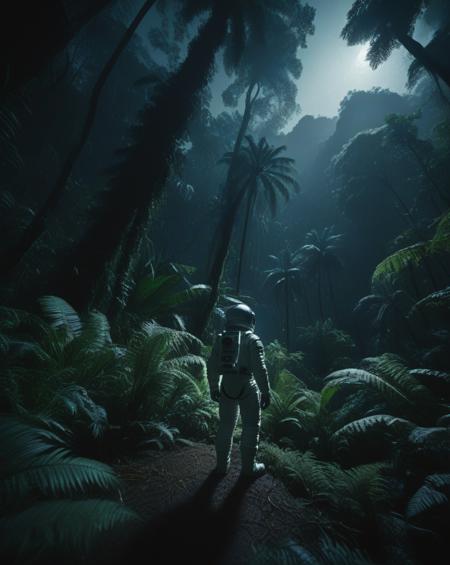 Wide-angle cinematic shot of an astronaut in a prehistoric jungle at night. The scene is lit by soft moonlight filtering through thick, towering ferns and ancient trees. The astronaut, in a futuristic spacesuit, stands motionless, gazing at the sky as distant roars of dinosaurs echo through the dark jungle. The humid air creates a slight haze, and fireflies glow around. Shot with a 35mm lens, the camera captures the deep shadows and highlights with cinematic lighting, giving a sense of awe and mystery. 8K, HDR, highly detailed, photorealistic, cinematic grading.