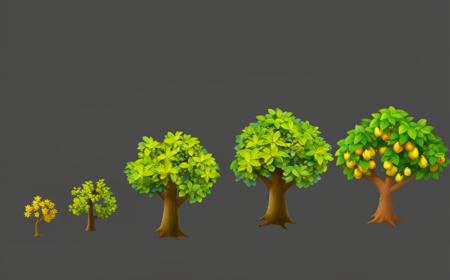 Plant growth process, reference table, no man, gray background, tree, simple background, fruit, pear tree, pear, pear tree growth stage, small to large, still life, leaves<lora:zhiwushengzhang:0.8>,