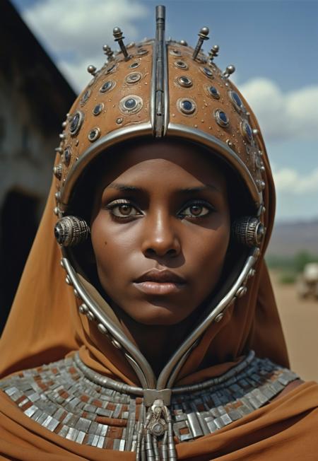 35mm photo by Steve McCurry, futuristic future setting, stunning Tanzanian woman, ultra-detailed skin, detailed eyes with intricate pupils, advanced futuristic clothing, intense and captivating expression, top-quality resolution