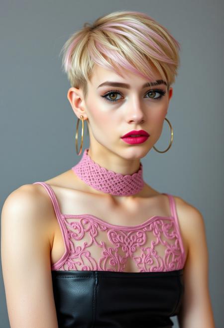 a beautiful 20 years old caucasian androgynous man, pale skin, blond hair in pixie cut haircut with pink highlights, long black eyelashes, black mascara, black eyeliner defines his brown eyes, pink glittering eyeshadow, luscious sensual pink lips, rouge, thin, body with no visible muscles, pink lace choker, lace pink crop top, black leather mini skirt, navel piercing, hoops earrings, looking at viewer
