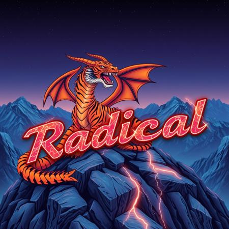 A tiger-striped dragon sitting on a mountain-top. Orange and black stripes.  Two horns.  Dragon Wings. Roaring.  Breathing fire.
Background mountains at night. Cosmic skyscape.  Synthwave colorscheme. Very realistic, fantasy illustration.
with the phrase "Radical" emblazoned in 3D, intricate, lightning patterns, with a predominantly neon colors,