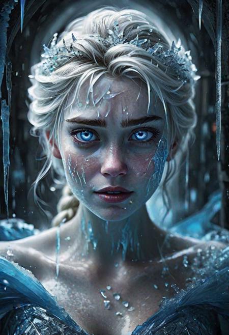 In a chilling twist on the beloved Disney character Elsa, turns evil. She has glowing scary blue eyes. She uses her icy abilities to trap a victim in a frozen prison. Her once sparkling gown now hangs in tatters, dripping with shards of ice and emanating an ominous aura. The scene is depicted in a vivid and detailed oil painting, capturing every frozen detail with precision. The sinister Elsa's skin is pale and frostbitten, her eyes gleaming with a malevolent glow that sends shivers down the viewer's spine. The composition exudes a haunting beauty, blending darkness with elegance in a truly enchanting manner.