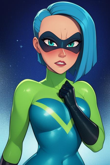 Voyd,blue hair ,dark skin,blue eyes ,short hair, lips, standing, upper body, blushing,  nervous,  solo,  buck teeth, 
VoySui, black domino mask multicolored ,bodysuit, boots, skin tight, green sleeves, 
ocean, boat,  portals,  stars,
(insanely detailed, beautiful detailed face, masterpiece, best quality) cinematic lighting,
 <lora:Voyd-10v3:0.8>