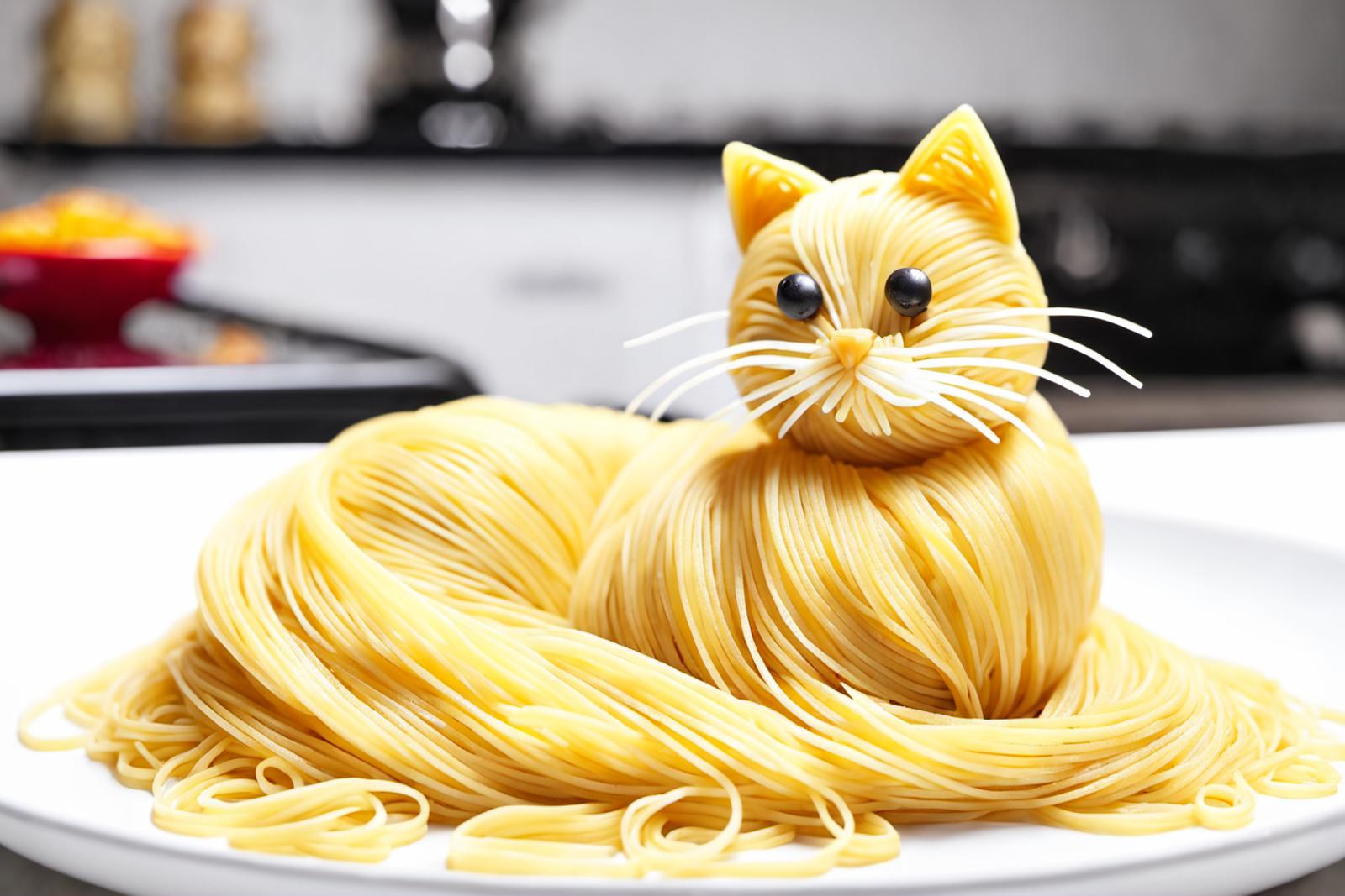 A Pasta Cat Sculpture on a Plate with Yellow Noodles