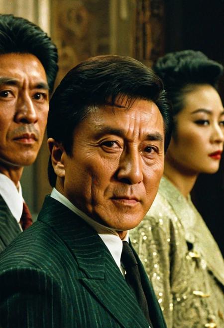 The texture of a Wong Kar Wai movie, Chinese star: Jackie Chan, with a group of gangsters behind him, this man looks at you fiercely, the texture of the movie, ultra high quality, 4K, outstanding, detailed, medium shot