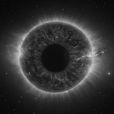 cinematic, (((black and white, monochrome, greyscale))), portrait of a mysterious, bioluminescent, eye, the beauty of the galaxy are shown through this eye, supernovas and pulsars erupt, 4k, high quality, grain, grainy, noise, detailed, contrast, heavy dynamic shadows, atmospheric,