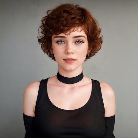 1girl, bare shoulders, black choker, blue eyes, breasts, choker, collarbone, curly hair, eyelashes, face, freckles, lips, looking at viewer, mole, mole on breast, mole under eye, nose, open mouth, realistic, red lips, short hair, solo, teeth, tongue, tongue out, upper body, wavy hair <lora:sophialilis:0.7>