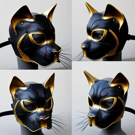 cat mask, gold and black colors, industrial, tuft squad, black nose and ears, multiple angles