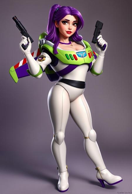 buzz lightyear as a woman with brown eyes, purple long hair, big breast, cleavage, small waist, big butt, white stocking, white space boots, standing with a laser gun in her hand.