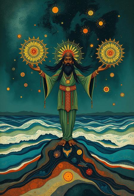 A shamanic figure standing on an abstract shoreline, casting radiant patterns into the sea with their hands, surreal symbolism, Art Nouveau ornamentation, abstract mysticism, decorative illustration, dreamlike narratives, fluid organic lines, mythological influence, visual automatism, vibrant yet moody color palette, layered composition, cosmic themes, fantastical creatures, painterly textures