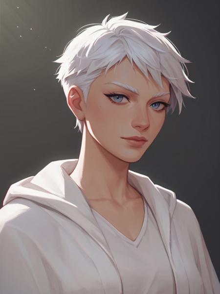 briannakotor, white robes, 1girl, solo, short white hair hood