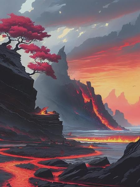 <lyco:NoahBradley:1.0> an image of the lava rocks and cherry trees on the cliffs, in the style of fantasy illustrations, cloudcore, noah bradley, multicolored landscapes, emotional landscapes, burned/charred, psychological phenomena illustrations