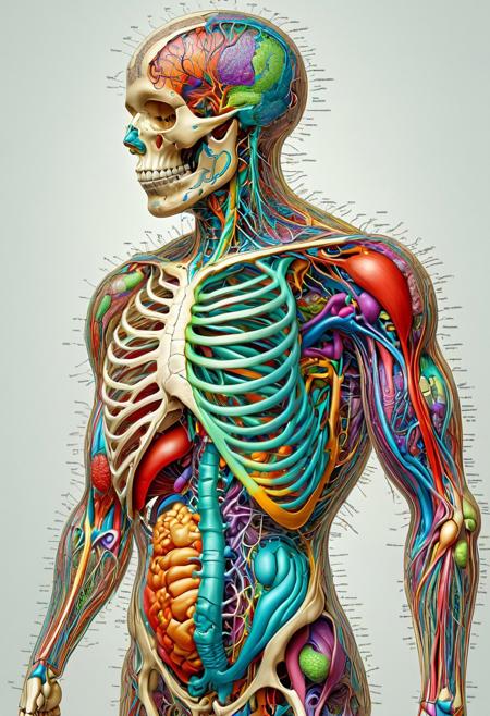 An intricately detailed, scientifically accurate, and colorful depiction of the entire human body, including all internal organs and systems, is displayed in this illustration. The skeletal, muscular, nervous, circulatory, respiratory, digestive, endocrine, and immune systems are all visible, highlighting the complex connections between them. Each organ and system is depicted realistically and accurately. A soft gradient effect enhances the sense of depth and dimensionality. The background is kept clean and minimalist, featuring a white backdrop to emphasize the subject matter and improve visibility. The illustration also includes subtle shading and texture to give it a realistic and tangible feel.