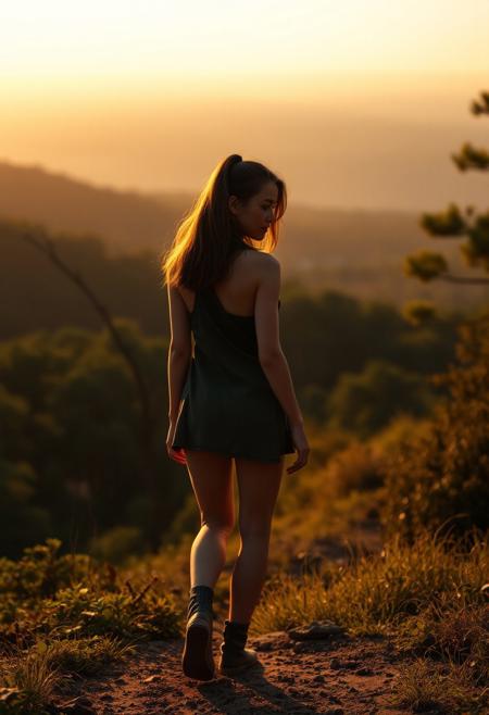 lone roguish female figure, walking away, glancing over shoulder, distant cityscape, transitioning from forest to urban environment, golden light of early morning or late afternoon, cinematic, journey progression, emotional warmth, subtle glance, candid, moment of doubt or hesitation, reflection on the journey, (forest in the background:1.2), city on the horizon, inviting introspection, natural light, dramatic lighting, depth of field, (captured naturally:1.2), (detailed background:1.3), (photorealism:1.4), 8k UHD, (blurry:-1.3), (lowres:-1.5), (ugly:-1.2), (mutated:-1.4), (worst quality:-1.4), (bad anatomy:-1.3), (cartoon:-1.1), (sketch:-1.1), (distorted proportions:-1.3), (extra limbs:-1.5), (cgi:-1.4), (extra characters:-1.5), (savanna:-1.4)