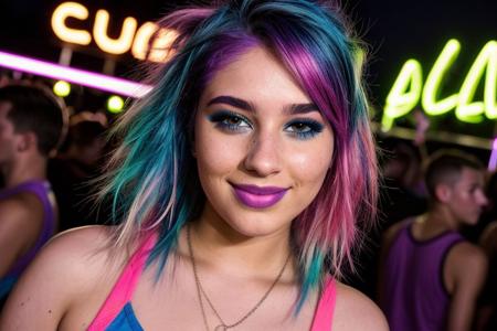 score_9, score_8_up, score_7_up, score_6_up, beautiful 19 year old girl, colored hair, neon lights, rave, rave clothing, daisy dukes, crowd, nighttime, dusk, smiling, ultra realistic, big lips, (masterpiece, best quality, highres:1.2), (photorealistic:1.2),