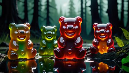 Cinematic photo-realistic macro photography, dramatic lighting, giant melting mutant gummy bears, ferocious open mouth with sharp gummy teeth, reflecting and refracting light, living gummy, rising from the dark swamp, anthropomorphic creepy creature, several vibrant colors of the gummy bears emerging from the dark muted colors of the swamp, <lora:detailed_notrigger:1>