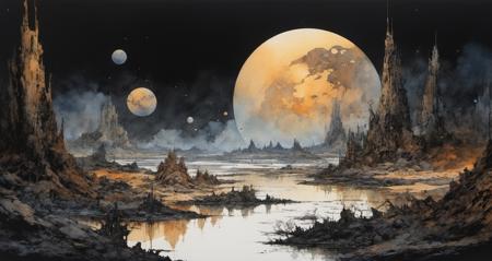 Landscape composition of a dream world. Inspired by electron microscope images (Berksinski, John Berkey, Katsuya Terada), relaxation, tranquility, dark environment, twilight, ocher tones, Indian ink and watercolor technique, hyperrealistic. <lora:epi_noiseoffset2:1> <lora:more_details:1>