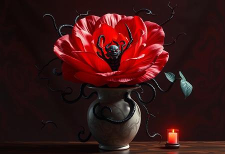 Create a highly detailed, 8K digital painting of a vase containing a Japanese demon flower inspired by Doom Eternal and Evil Smile Company. The flower should be surrounded by black vines growing out of a giant rose, with a Shoggoth and Lolth in the full-body style of Banpresto. Incorporate dramatic red scary lighting and lifelike details, adhering to the golden ratio and micro details. The artwork should be in the style of Artgerm, Greg Rutkowski, and Alphonse Mucha, with a focus on smooth, sharp focus and hyper-realistic details. Inspired by the works of Jerry Eisenberg and Loish, with a Native American flair and cinematic feel. Aim for a seductive and cool lighting effect, with post-processing and Octane render.