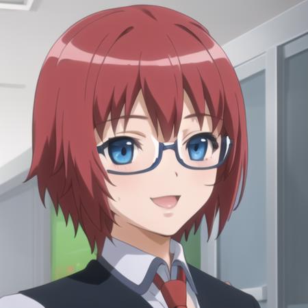 (masterpiece, best quality:1.2),illustration,8k,hd,1girl,solo,full body,smile,short_hair,blue_eyes,school_uniform,red_hair,necktie,glasses,semi-rimless_eyewear,under-rim_eyewear,wristwatch,black_pants,black_vest,school_uniform,short_sleeves,<lora:Misaki Raika:0.9>,