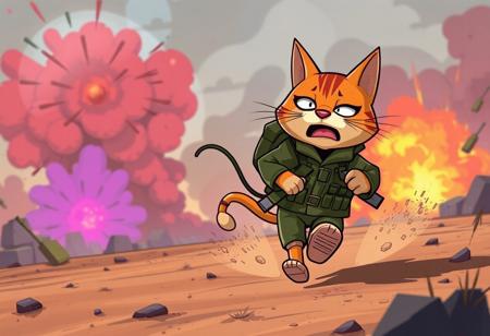 cartoon style, a cat with army uniform running carryng a fainted mouse with army uniform from a battlefield with multiple colors colorful explosions with a worried funny face, dust color, color smoke
