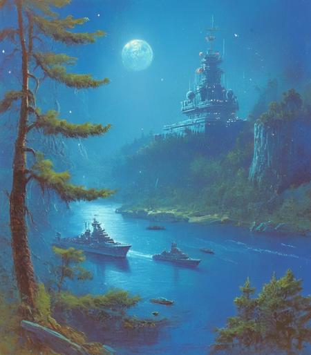 on a modern battleship, xenomorph captain, mycenaean temple, greek coast, far zoomed out, cosmic landscape, style of Ivan Aivazovsky, river, forest,ghost,blue background, detailxl, soviet new year postcard, far zoomed out, (bismarck:1), (John Harris Style page:0.5), <lora:mgl_Soviet_New_Year_Postcards:1>, <lora:Bismarck_Battleship:1>, <lora:John Harris Style:0.8>,