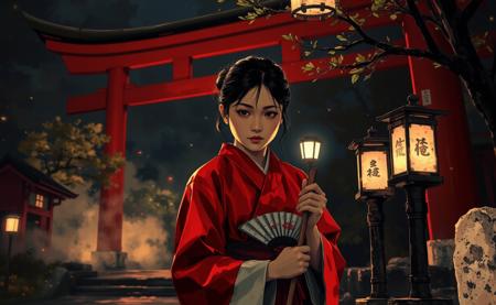 A close-up nighttime scene blending photorealism with the elegance of Japanese brush painting. A Shinto shrine maiden (miko) is cleaning near a traditional red torii gate, her face brightly illuminated to highlight her calm and focused expression. She wears a classic red and white outfit, with intricate details captured in the fabric. Traditional stone lanterns nearby cast a warm glow, their light reflecting softly on her face and the stone path. The background is subtly blurred, showing hints of the majestic torii gate, swaying trees, and faint mist, creating an intimate yet mystical atmosphere. The composition emphasizes the maiden's serene presence and the artistic harmony of the scene.
