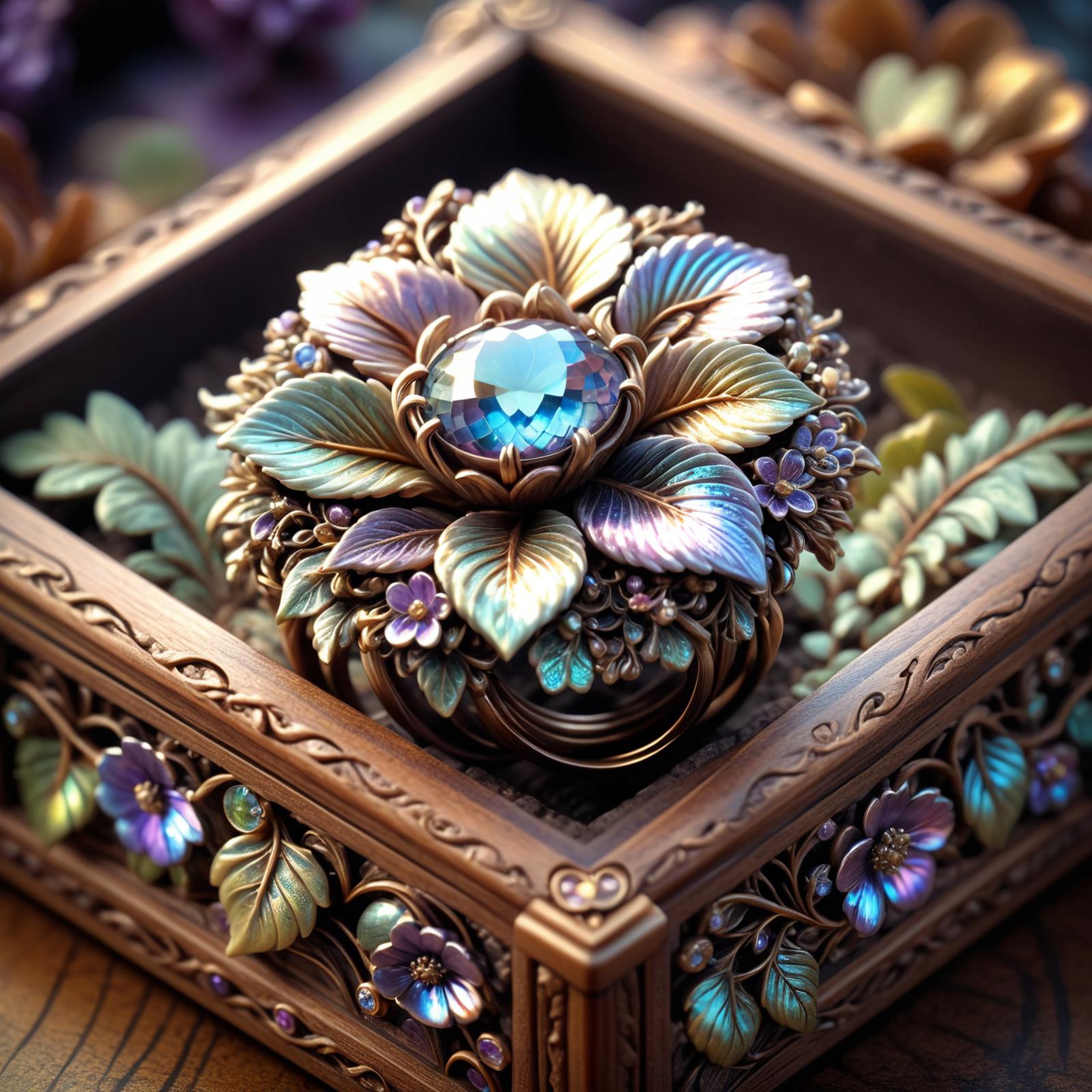 A decorative box with a flower and a gemstone in it.