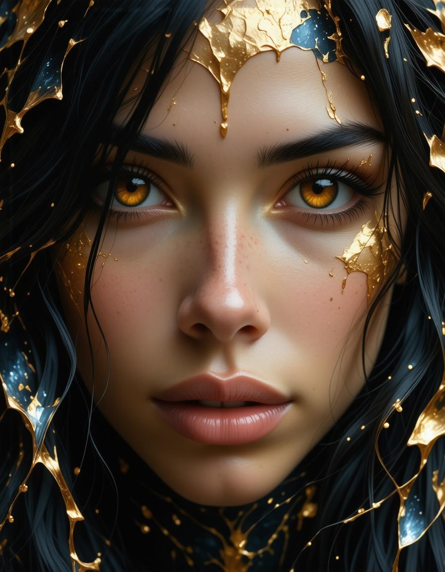 Masterpiece In a liquid gold supreme dark fantasy ultra detailed enchanting and mystical Woman Handsome, with bright skin, clean skin, stilyzed, PSYTRANCE, Trippy, multicolored resplendent luxury jewels, a magical and surreal image, fantastic elf, centered, unreal fantasy, concept art, handsome, Awakening, immersive, trippy, psicodelic, acanthus scrolls, intricately detailed fluid painting, Anthropomorphic, iridescent makeup, eyes looking at camera, esthetics, Paolo Roversi shooting style, building with soft details, ultra-detailed, live, creativity, perfect proportion, handsome, inside universe, balance of light and shadow, Ultra Detailed Complex Splatter, Unreal Engine 5 Volumetric Lighting VHS, inspired fantasy art style, smooth, focused, DMT Experience, mystical, prophecy, intellect, high detail liquid melting, dark colorful ink dripping, surrealistic, Phase One XF IQ4 150MP, Schneider Kreuznach masculineelven man in the dark ghotic exotic in exotic planet gold painting , by Domenico Campagnola, by Francisco de Zurbarán, intricate details, highly detailed, highly detailed face dynamic pose, posing with personality, modeling manual, dignified pose, shot with professional photography by Martin Schoeller UHD, HDR, complex background, nightmare, dark luminescent gold liquid, Brian Froud, Arthur Rackham hyperdetailed, oasis, ouroboros  dark art by by Jean Baptiste Monge, Alberto Seveso, Jeremy Mann; Miki Asai Macro photography, close-up, hyper detailed, trending on artstation, sharp focus, studio photo, intricate details, highly detailed, by greg rutkowski, 3D octane render, splash swirling dripping, melting, maximalism, octane render, unreal, 8k, depth of field, bokeh, front view, handsome, masculine, heavenly mists, glorious light, magnificent, hyper realistic, brian froud, jeremy mann, tim burton, provocative pose, masculine expression,  model expression, complex patterns. crystallized Tattered illuminated, Eyes glow so lovely, heavenly light, The ambient lights enhance the detailed textures . Ultra-high definition, highly detailed, blending fantasy elements with fantay design.