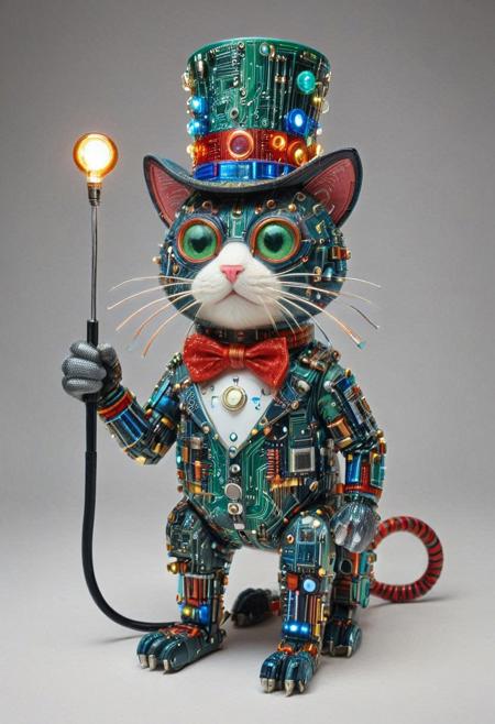 embedding:lazmpos, Transistors, pcb_style, LED, colorful LED lights, RGB lights, red green and blue cat, art deco, top hat, cane, monocle,RetroBG