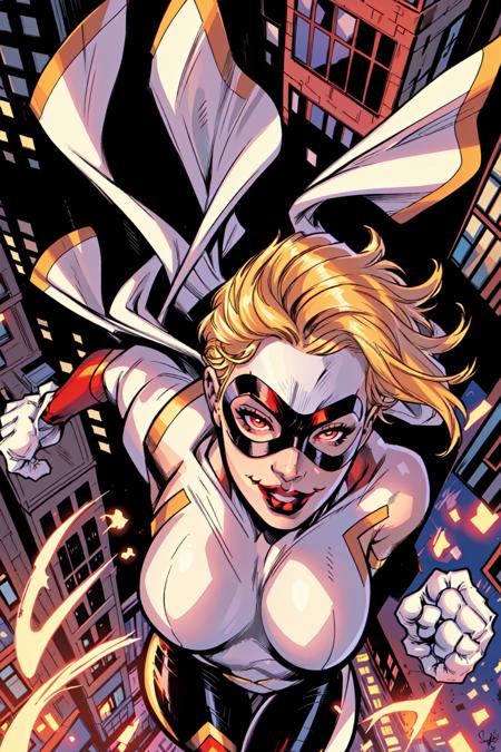 Ryan Ripley,  artist name,  blonde hair,  bodysuit,  breasts,  building,  cape,  city,  cityscape,  clenched hand,  cloud,  domino mask,  elbow gloves,  flying,  from above,  gloves,  lips,  lipstick,  looking at viewer,  makeup,  mask,  red eyes,  red lips,  short hair,  signature,  smile,  superhero,  white gloves, <lora:EMS-51648-EMS:0.800000>