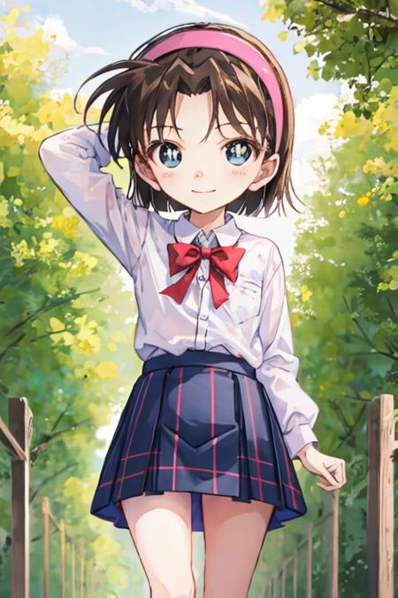 ayumiyoshida, child, blue eyes, short hair, brown hair, bangs, hairband, shirt, plaid skirt, short skirt, smile, standing, forest <lora:ayumi-v2:1>