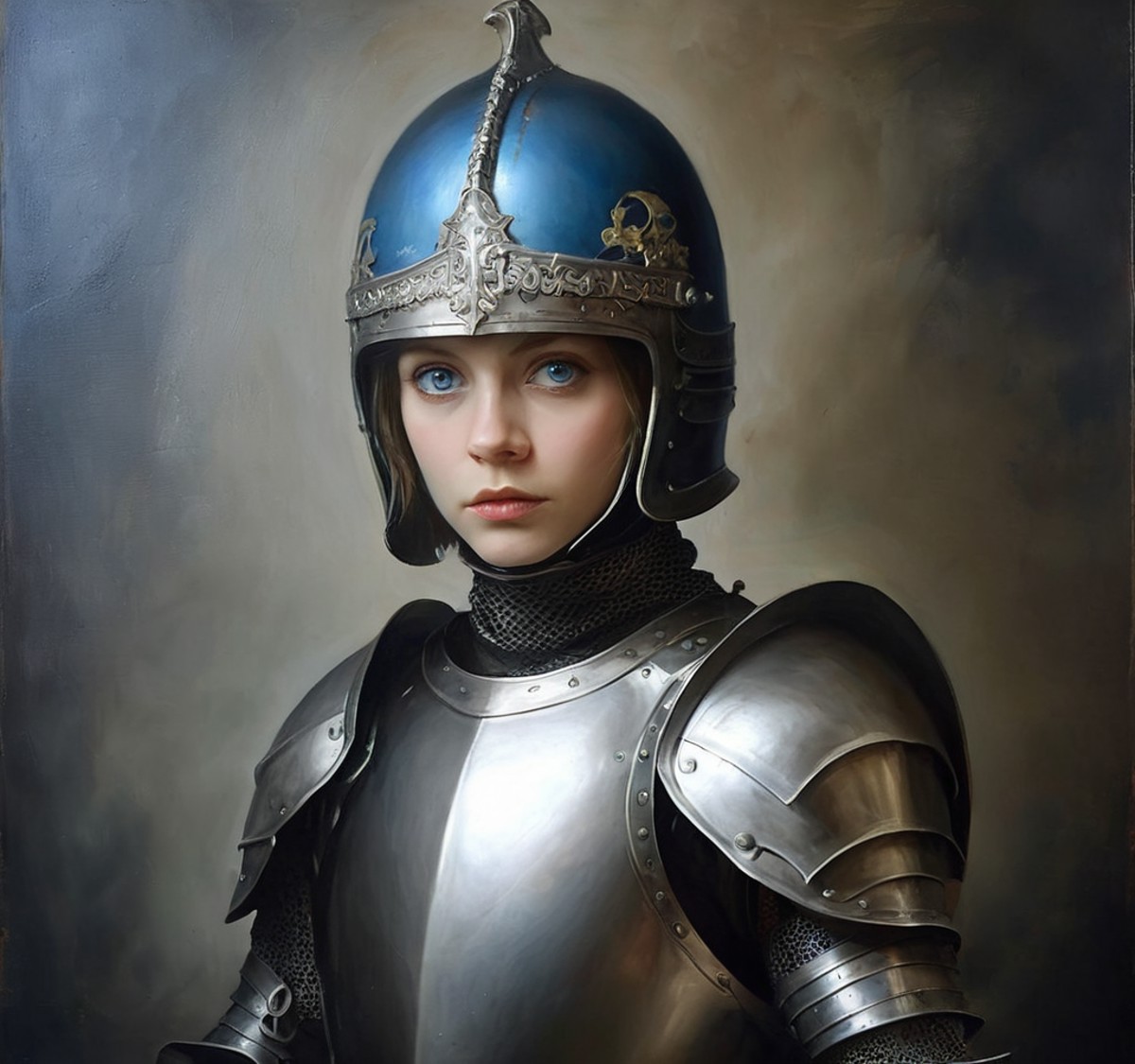 Alisa Selezneva short hair big blue eyes, wearing plate armor and a knight's helmet, mysterious, sinister, foggy, dark, ep...