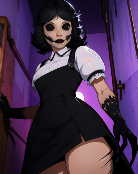 agatha,black hair,black eyes,
puffy sleeves,black dress,white shirt,black gloves,claws,
abandoned school,night,dark corners,from below,
(insanely detailed, beautiful detailed face, masterpiece, beautiful detailed eyes, best quality),<lora:agatha:0.8>,