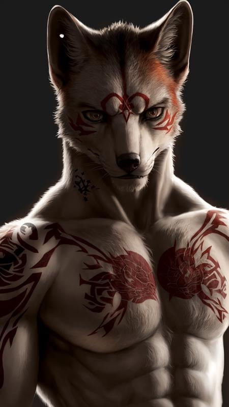 solo, furry anthro fox male, Yakuza style, detailed fur texture, (realistic face and eyes), intricate tattoos, (yakuza symbol:1.4), (sharp claws), piercing gaze, dark background, masterpiece,