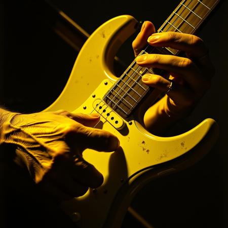 Closeup of a demons hand shredding a electric guitar. The scene is lit with a deep yellow duotone color scheme, casting moody, heavy shadows. The texture is gritty and raw, evoking a dark and psychedelic stoner doom metal atmosphere. The background is dark and minimal, emphasizing the hand riffing on the strings. The lighting is dramatic and harsh, creating a brooding, vintage horror movie aesthetic with a grainy, analog feel. Ghastly and ominous, heavy metal art