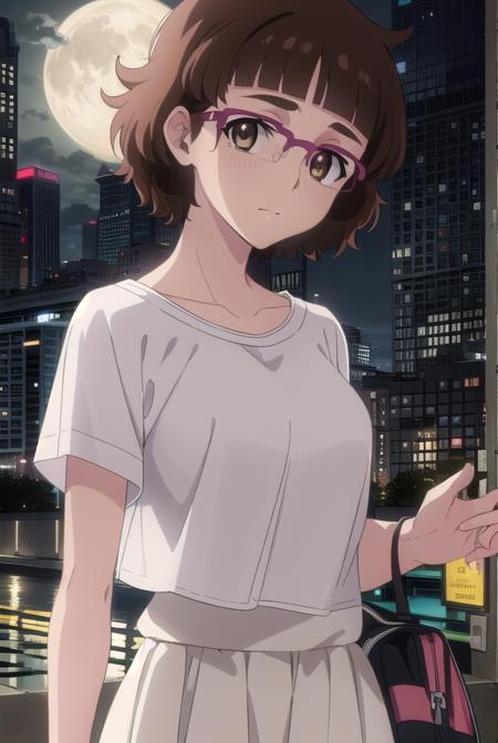 recreatorsmarine, <lora:recreators marine s1-lora-nochekaiser:1>,
marine, short hair, brown hair, (brown eyes:1.3), glasses, mole, mole under eye, bangs, blunt bangs,
BREAK skirt, shirt, white shirt, short sleeves, pink skirt, collarbone,
BREAK outdoor, city, night, sky, buildings, moon, clouds,
BREAK looking at viewer, (cowboy shot:1.5),
BREAK <lyco:GoodHands-beta2:1>, (masterpiece:1.2), best quality, high resolution, unity 8k wallpaper, (illustration:0.8), (beautiful detailed eyes:1.6), extremely detailed face, perfect lighting, extremely detailed CG, (perfect hands, perfect anatomy),