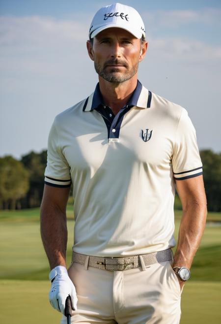 raw photo, half body, beautiful man, 40 years old,  Classic Fashion, plays golf, luxurious outfit