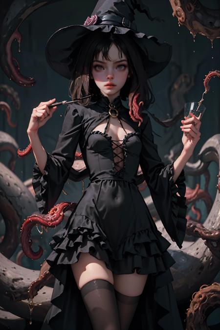 (best quality, masterpiece:1.3), 1girl,  (Dark:1.2), witch, controls tentacles, makeup, standing, horns, devil, (Tentacle Dress:1.2), looking at viewer, witch hat, web, latex, angry, tentacle hair, alice in wonderland, in Witch House, frills, see-through,