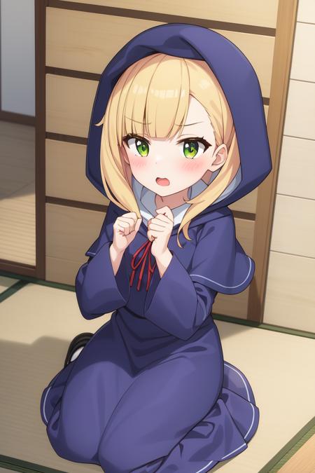 Rosalie
<lora:RosalieV1:0.7>
1girl, bangs, bench, blonde_hair, blue_capelet, blue_headwear, blush, dress, floor, green_eyes, hands_up, hat, hood, hood_down, indoors, long_sleeves, looking_at_viewer, on_floor, open_mouth, ribbon, solo, tatami, upper_body, wooden_floor, wooden_wall